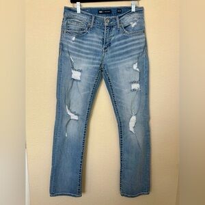 BKE Jake Straight Womens Blue Denim Jeans Distressed Trashed Sz 29x32